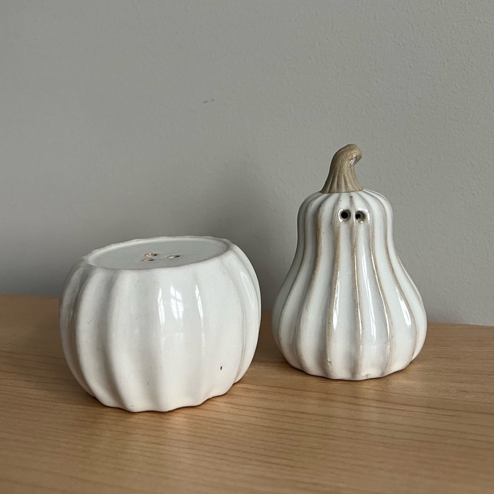 Brand new salt and pepper shakers - white and taupe squash shapes